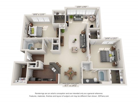 Floor plan for 2 beds, 2 baths, 1463 sqft